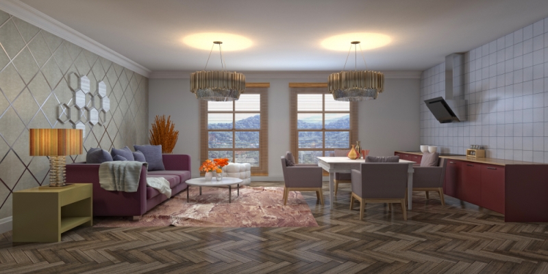 An interior apartment living space with beautiful hardwood floors